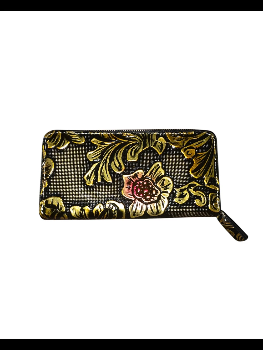 Brand New - Black and Gold Floral Embossed Zip-Around Wallet